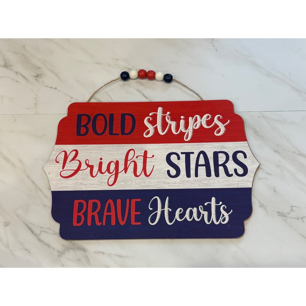 Patriotic Wooden Wall Hanging Sign‎ Red White Blue Glitter